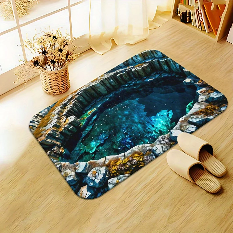 2D Visual Cave Pool Entrance Mat Rocky Stone Blue Water Scenery Rug Natural Landscape Decor Mat for Front Door Entryway