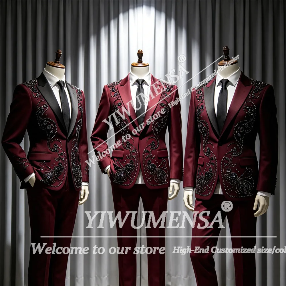 Brilliant Wedding Suit For Men Black Beaded Stones Prom Blazer Customized Groom Tuxedos 2 Piece Sets Man Business Party Outfits