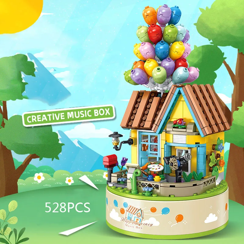 Creatieve Muziekdoos Ballon Huis Bouwsteen Stree View Bouw Baksteen Schilder Figuren Educatief Speelgoed Voor Kinderen Geschenken