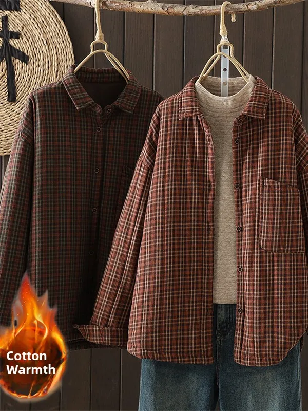 

Thiened Plaid Cotton irt Women's Autumn Winter New Sle Casual Loose Single Button Coat Warm Slimming Turn-down Collar