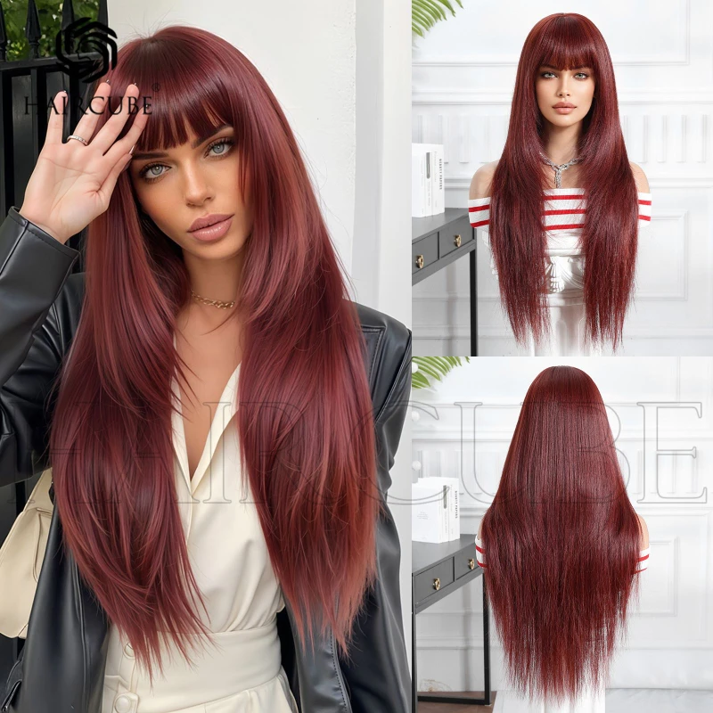 Wig With Bangs, Wine Red Long Straight Hair, Full Head Cover Style, Imitating Real Human Hair