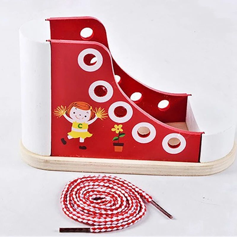 Multifunction Wooden Lace-Up Shoes Toy Learning Lace Up Pencil Holder Shoe Tie Practice Toy For Kid Educational Toy