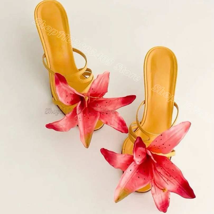 Flower Decor Slip on Stiletto Slippers Open Toe British Style Party Dress Design for Women Sexy Shoes 2024 Zapatos Para Mujere