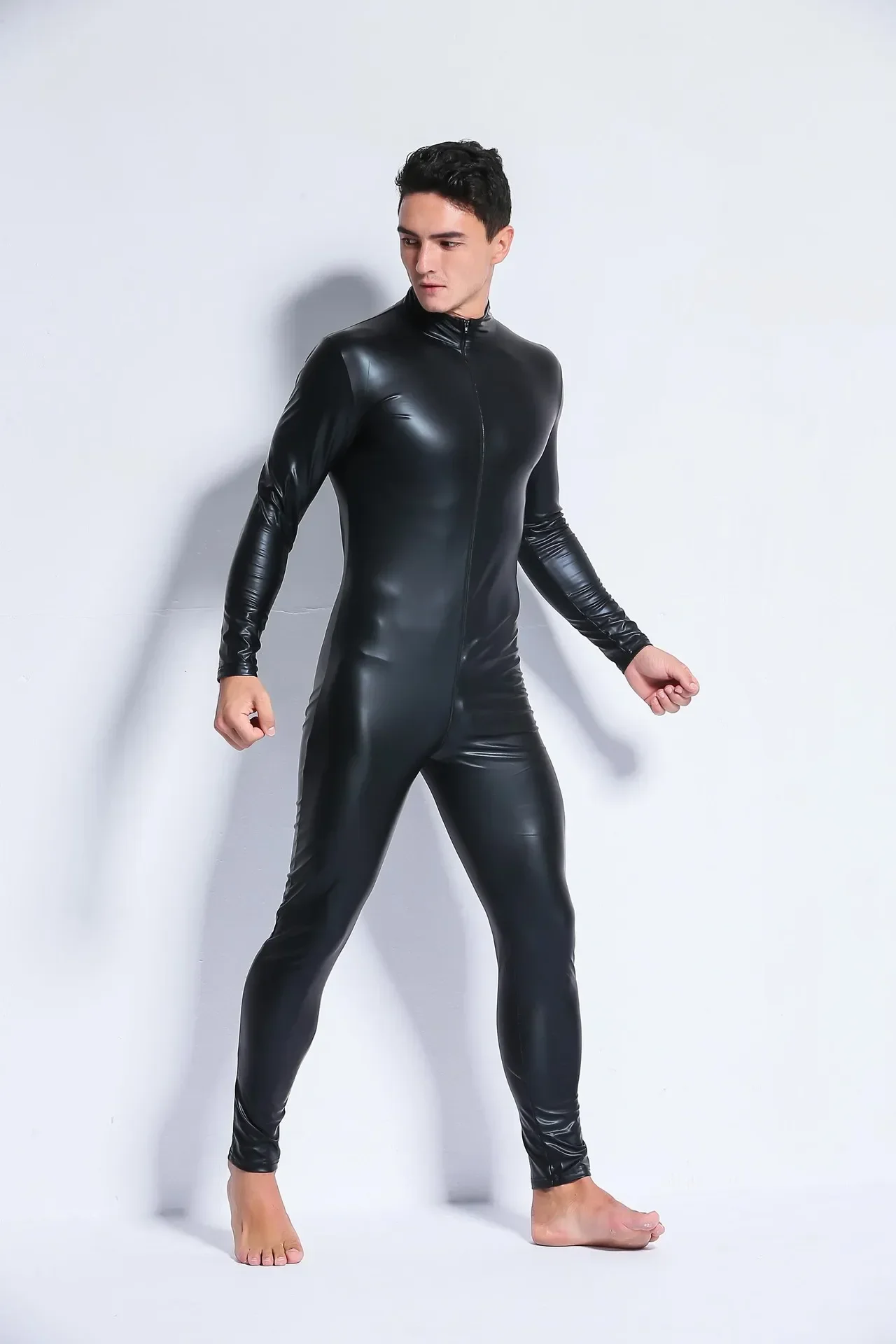 Combinaison Catsuit en Faux cuir Pu brillant pour hommes, Sexy, boîte de nuit, Lingerie érotique, look mouillé