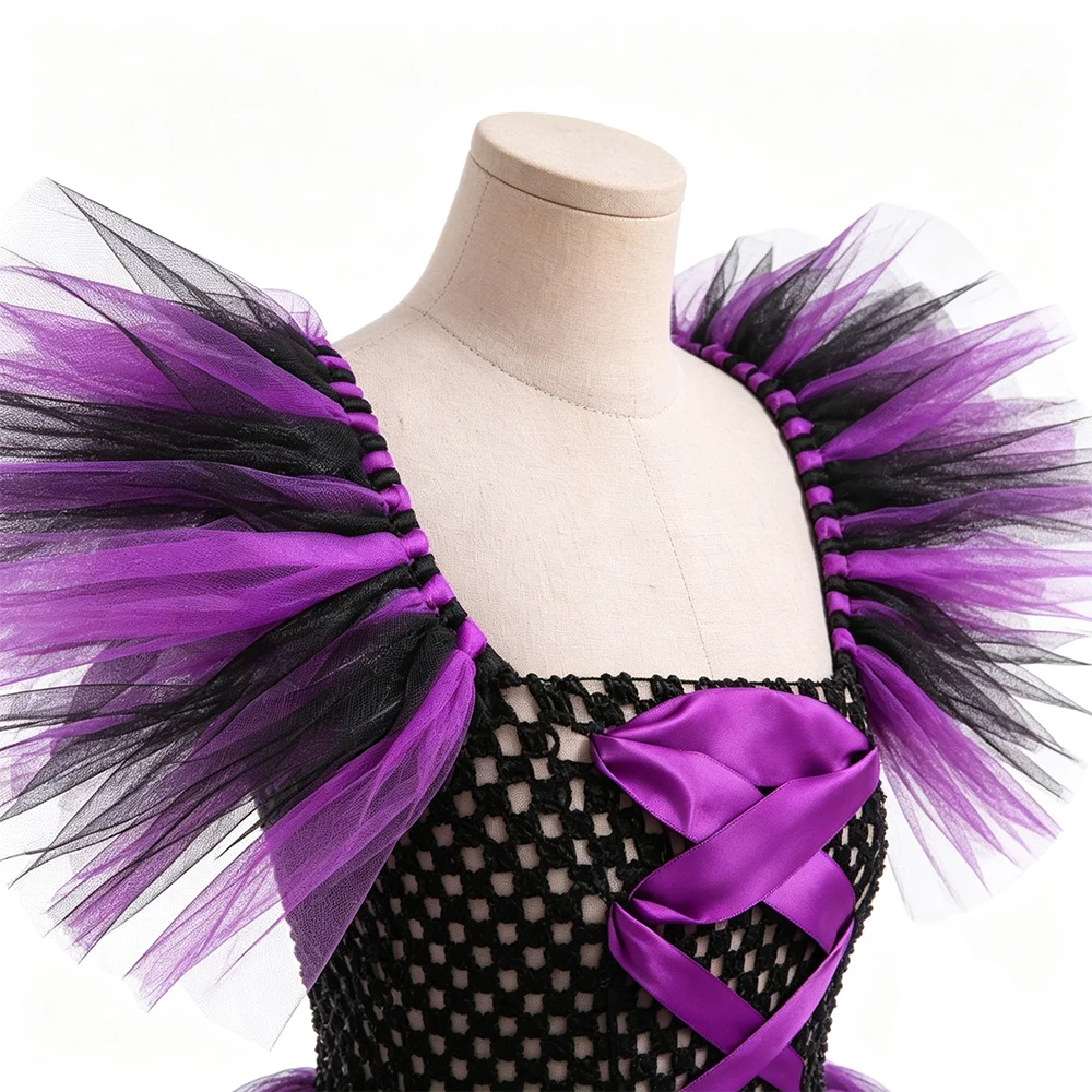Halloween-Kostüm „Böse Königin“ für Mädchen, luxuriöses lila Tüll-Hexenkleid, Kindergröße 2–12 Jahre, Karnevalsparty, Bühnen-Cosplay-Outfit – Detail 6