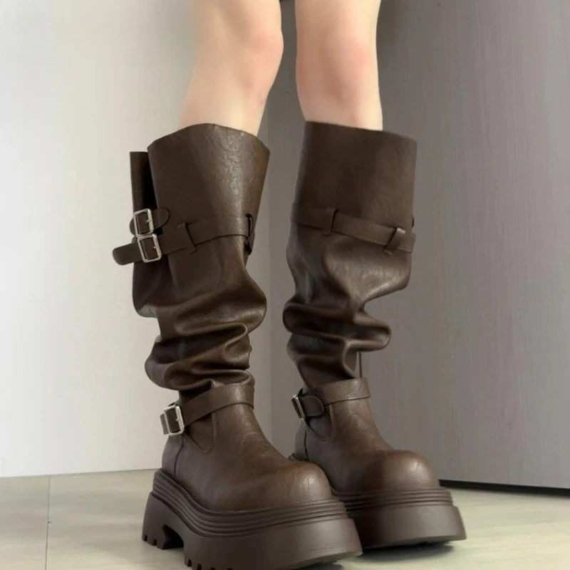 

Осенне-зимние женские сапоги до колена с пряжкой на ремне, модные высокие сапоги до колена на толстом каблуке в стиле панк, рыцарские длинные ботильоны, Zapatos De Mujer