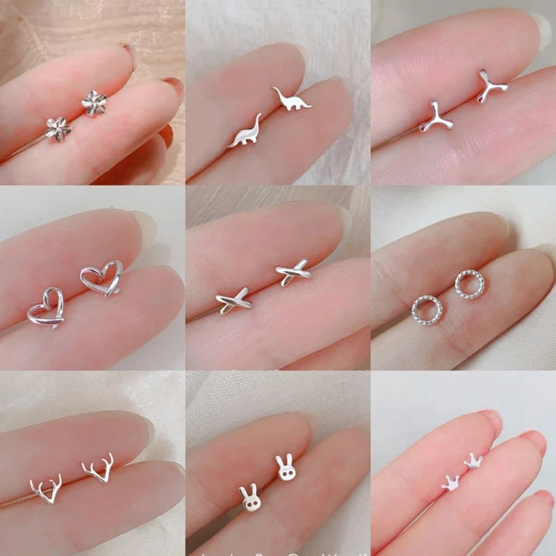 A Pair 925 Silver Needles Mini Stud Earrings for Women Heart Star Butterfly Dinosaur for Teens Simple Ear Piercing Jewelry