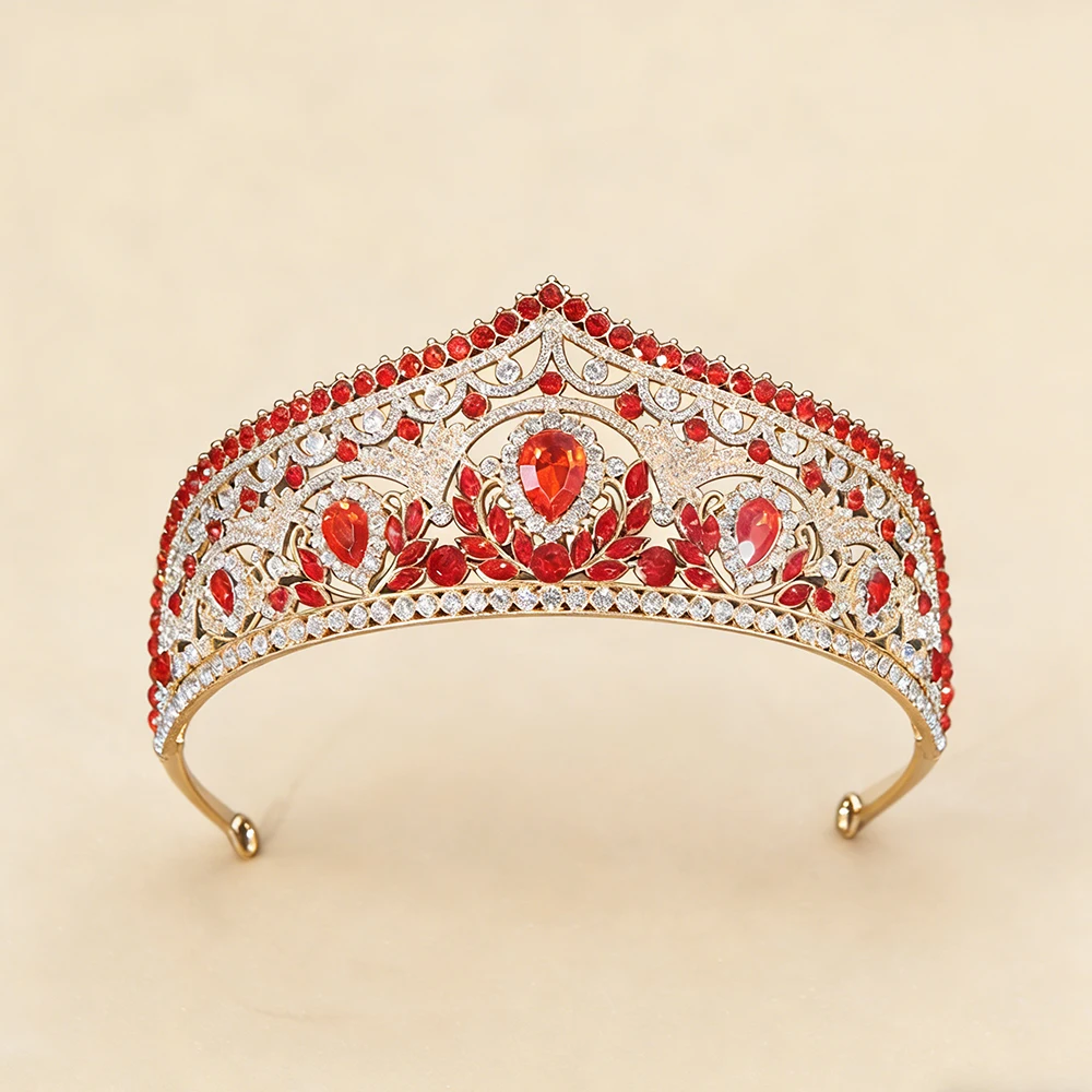 Gilded Red Blue-green Rhinestone Crown Retro Palace Style Luxurious Hair Crown Large Gemstone Inlay Banquet Bride Queen Design view 4