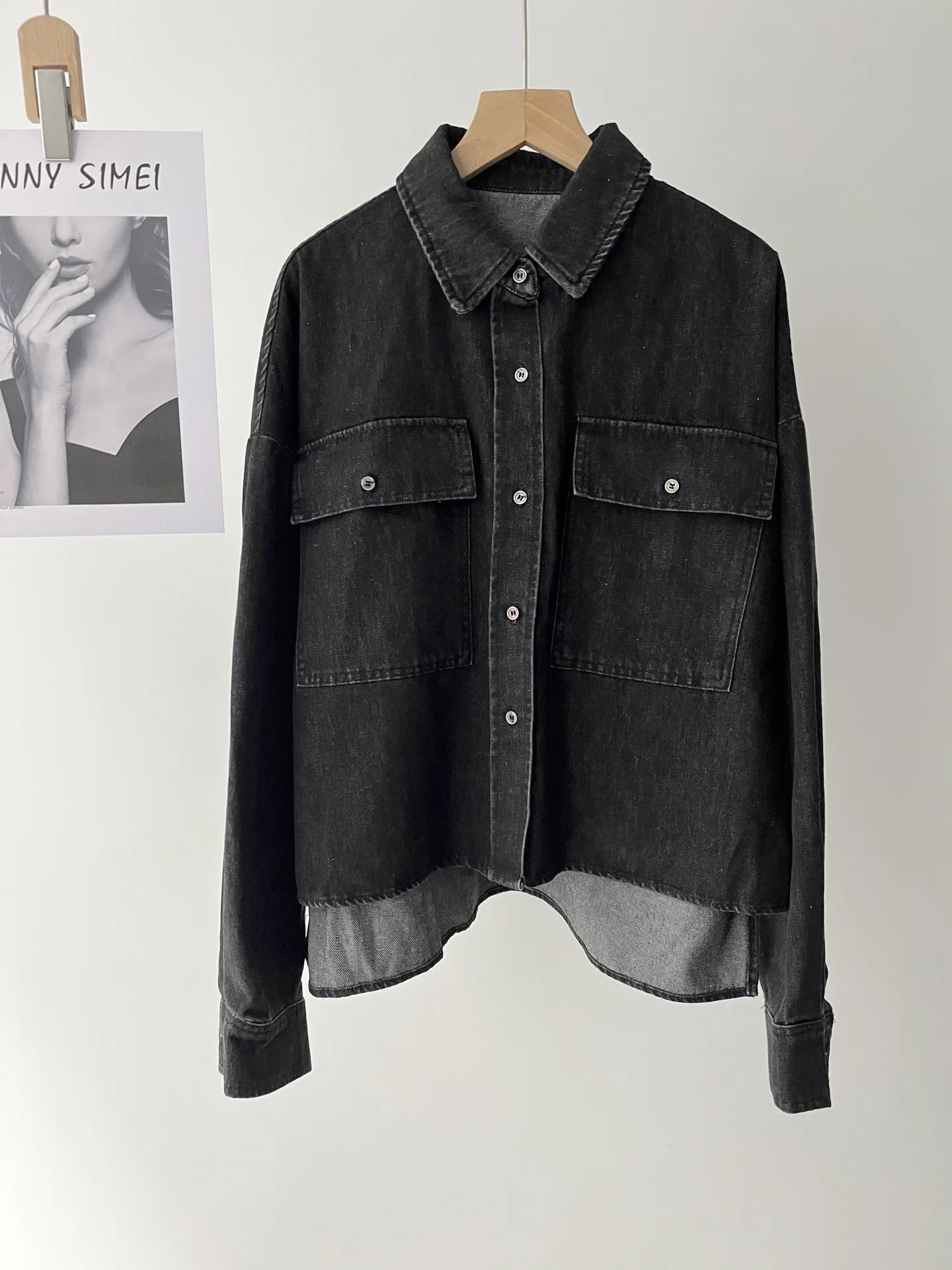 

Cotton denim shirt women's simple commuter loose spring and autumn lapel long-sleeved shirt top 51c-0054