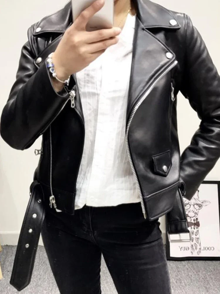 Spring Autumn Women Moto Biker Black Pu Fuax Leather Jacket Streetwear Female Belt Zipper Slim Fit Short Coat Outwear