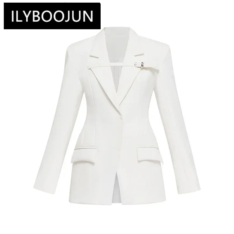 

Designer Buckle Strap Blazer Notched Collar Couvered Button Long Sleeve Waist Beige Suit Jackets Summer 2024 New CPDB119