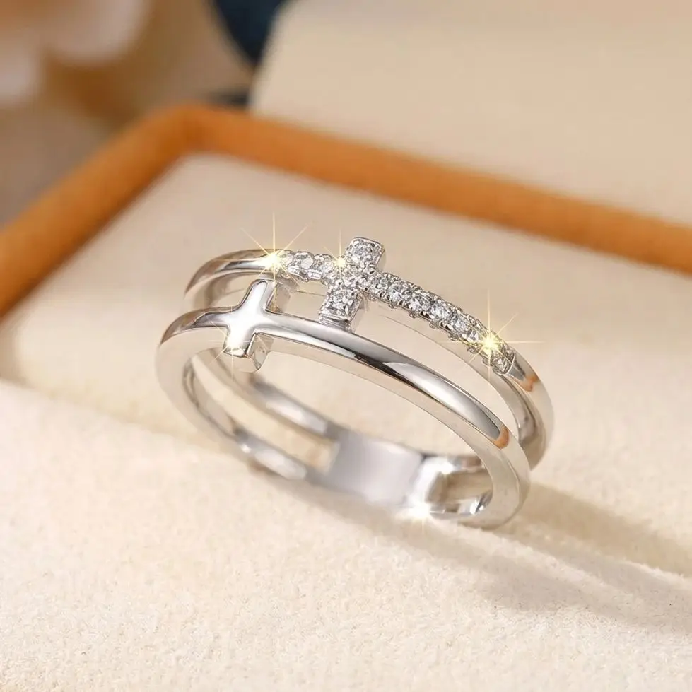 

Shiny Crystal Zircon Double Cross Rings For Women Micro Paved CZ Copper Wedding Finger Ring Romantic Promise Luxury Jewelry Gift