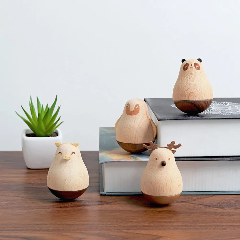 Cartoon Animal Tumbler Desktop Decoration Handmade Resin Penguin Craft Office Ornament Children Gift Wooden Tumbler Toy