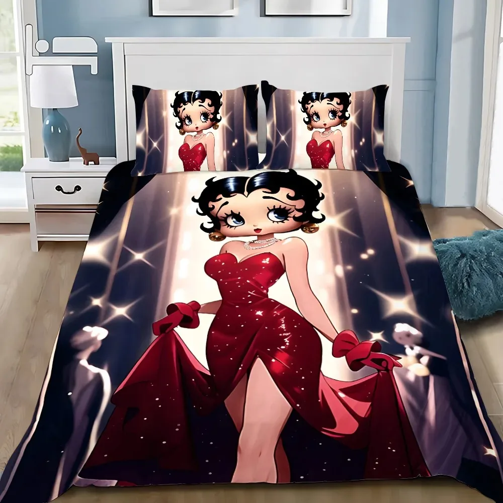 Parure de lit imprimée en 3D motif dessin animé Betty Boop – Housse de couette et taie d'oreiller pour lit simple/double/grand/grand très grand – Idéale pour la décoration de chambre des fans