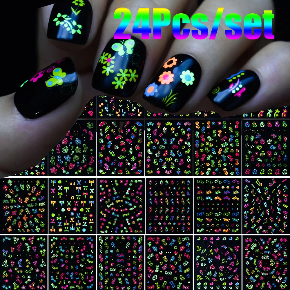 24Pcs Christmas Fluorescence Flowers Neon Nail Stickers 3D Kawaii Glow-In-Dark Floret Decal With Glitter Adhesive Flowers Slider