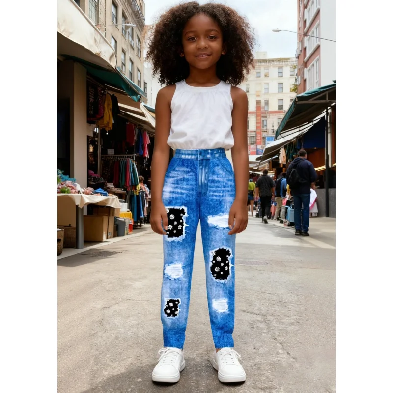 

2025Girls Fashion Y2K Casual Street Style, Imitation Hole Loose Elastic Waist, Flower Printed Patchwork Imitation Denim Trousers