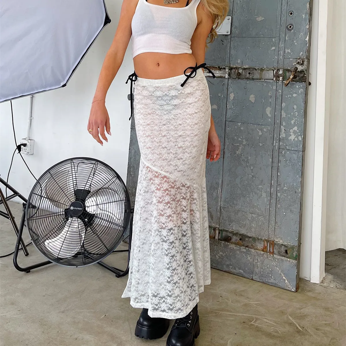 Gaono Lace Skirt Women White See Through Floral Lace Low Waist Midi Skirts y2k Aesthetic Fairycore Beach Skirt Clubwear