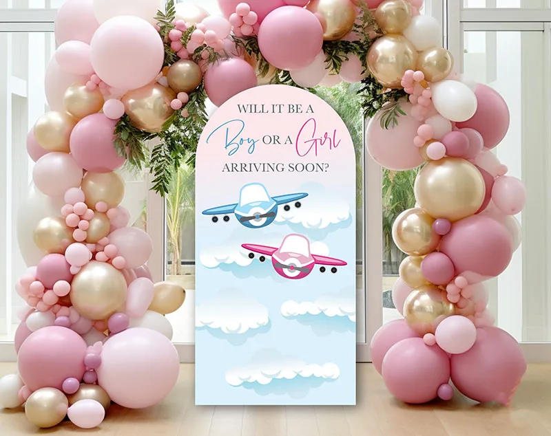 

Mehofond Custom 2-Sided Plane Arriving Soon Airplane Boy Girl Gender Reveal Baby Shower Covers Chiara Arch Decor Backdrop Photo