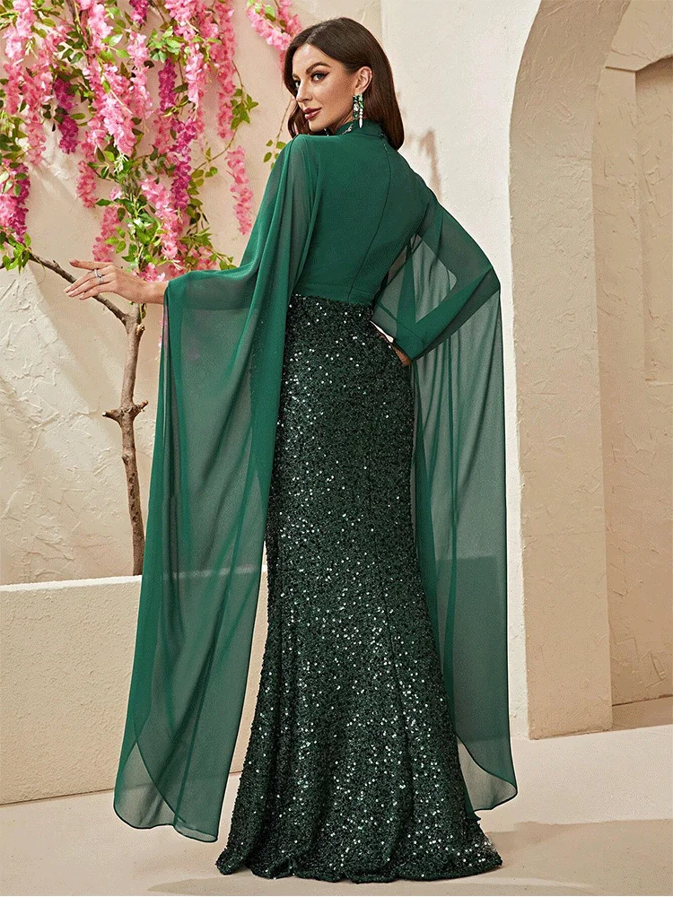 Round Neck Chiffon Long Sleeve Floor-Length Evening Dress Wedding Banquet Dance Luxury Ladies Party Evening Dress Prom Gown