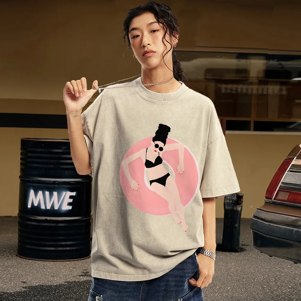 

Unisex Fit Graphic Tee Women Customscool Y2K Style Washed Cotton Vintage Print Gym Errands Comfy Streetwear