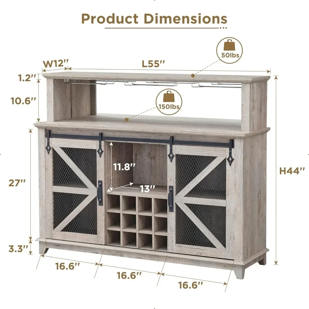 Mueble para cafetería con luces LED, gabinetes para bar de vinos de 55" con puerta corrediza de granero y estante para vino y vasos, mueble para buffet de cocina