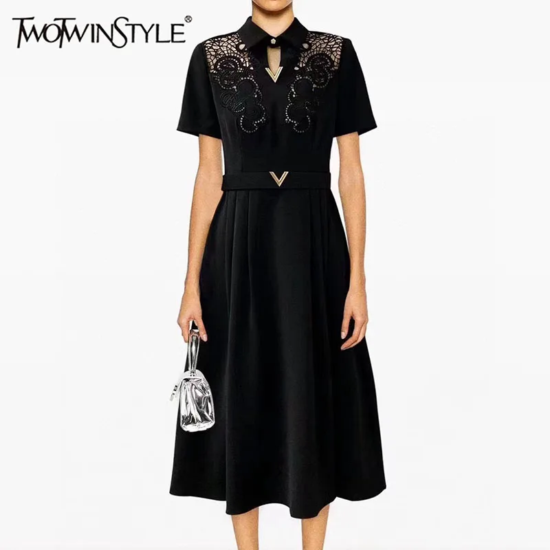 

TWOTWINSTYLE Hollow Out Embroidery Dress For Women Lapel Short Sleeve High Waist Patchwork Belt Elegant Dresses Female Fashion