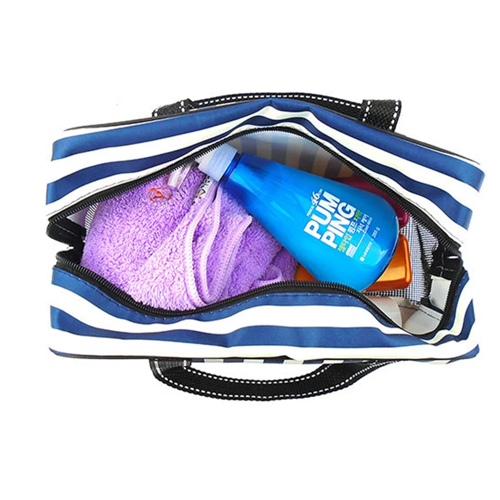 

1Pcs Waterproof Bath Shower Bag Blue White Stripe Foldable Portable Large Capacity Organizer Travel Toiletry Storage