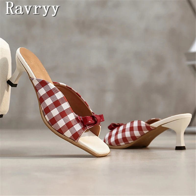 Retro Square Open Toe Checkered Mules Sweet Red Butterfly Knots Woman Slippers Summer Dress Kitten Heels Sandals