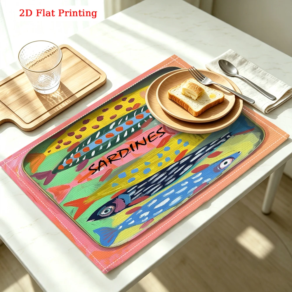 2Pcs Vibrant Sardines Fish Art Placemat Colorful Seafood Print Table Mat Kitchen Dining Decor Non Slip Heat Resistant 30X40Cm