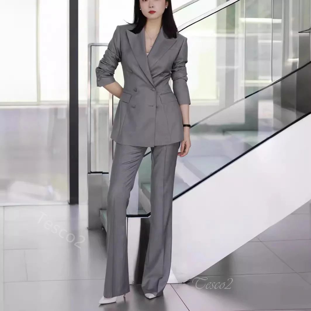 Tesco Business Casual Women\'s Suit Double Breasted Blazer And Pants Slim Fit Chic Pantsuit Grey Ceremony Outfits for Women 2 PCS