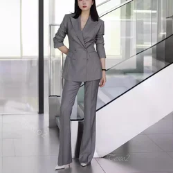 Tesco Business Casual Women's Suit Double Breasted Blazer And Pants Slim Fit Chic Pantsuit Grey Ceremony Outfits for Women 2 PCS