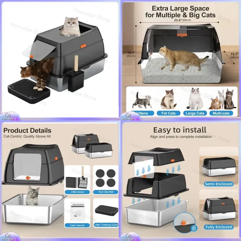 

Large Stainless Steel Closed Cat Litter Box with Removable Metal Tray Lid and Scoop Anti-Leakage Odor Control Pet Toilet for