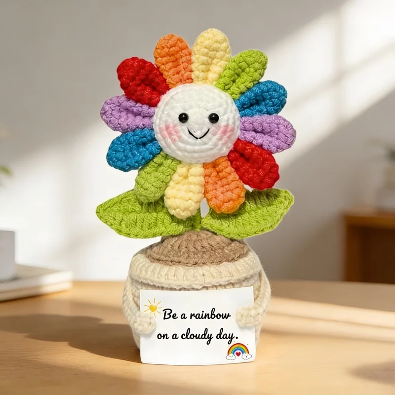 

Funny Crochet Color Smiling Face Sunflower Dolls Positive Emotional Support Handmade Knitted Desktop Ornament Home Decor Gifts