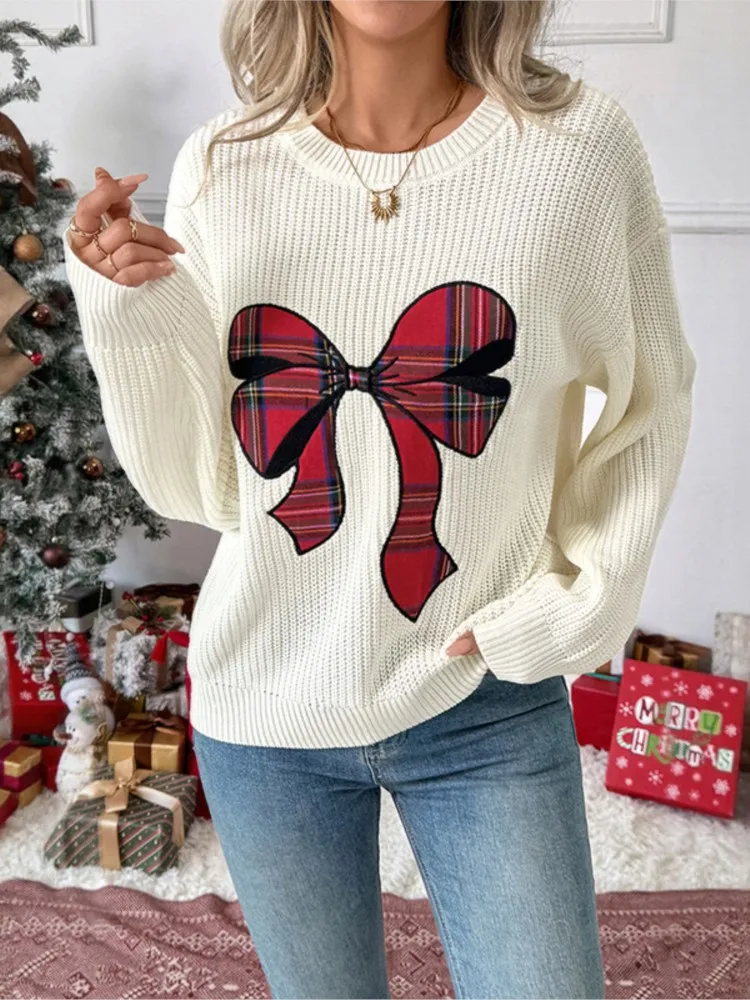 

Christmas Fashion Sweet Bow Plaid Embroidered Round Neck Sweater For Women All-match Simple Style Casual Comfortable Bowknot