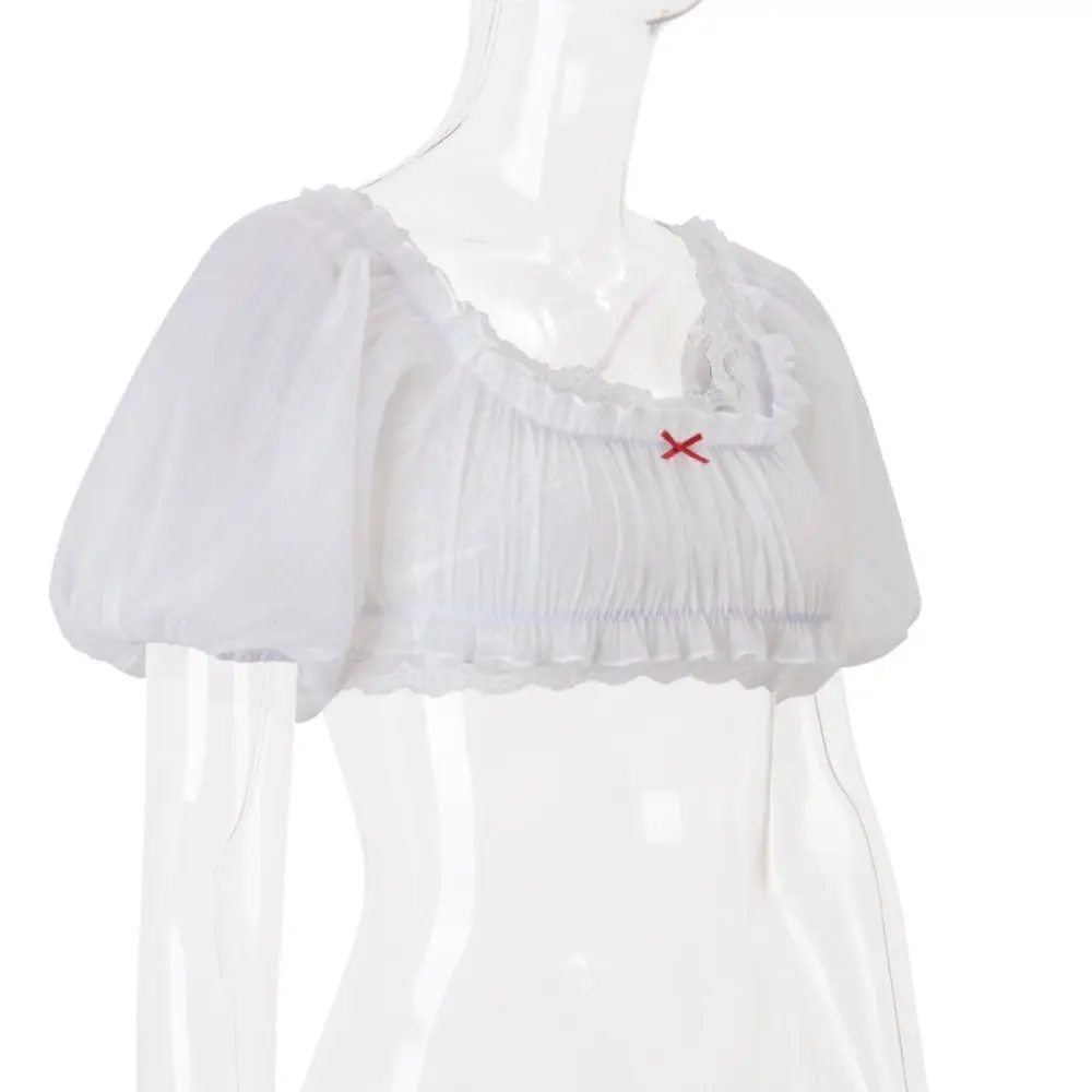 

Thin Ruffle Lace T-shirt Pullover Slim Fit Short Sleeve T-shirt Lantern Short Sleeve Streetwear Bowk Y2K Crop Top Holiday
