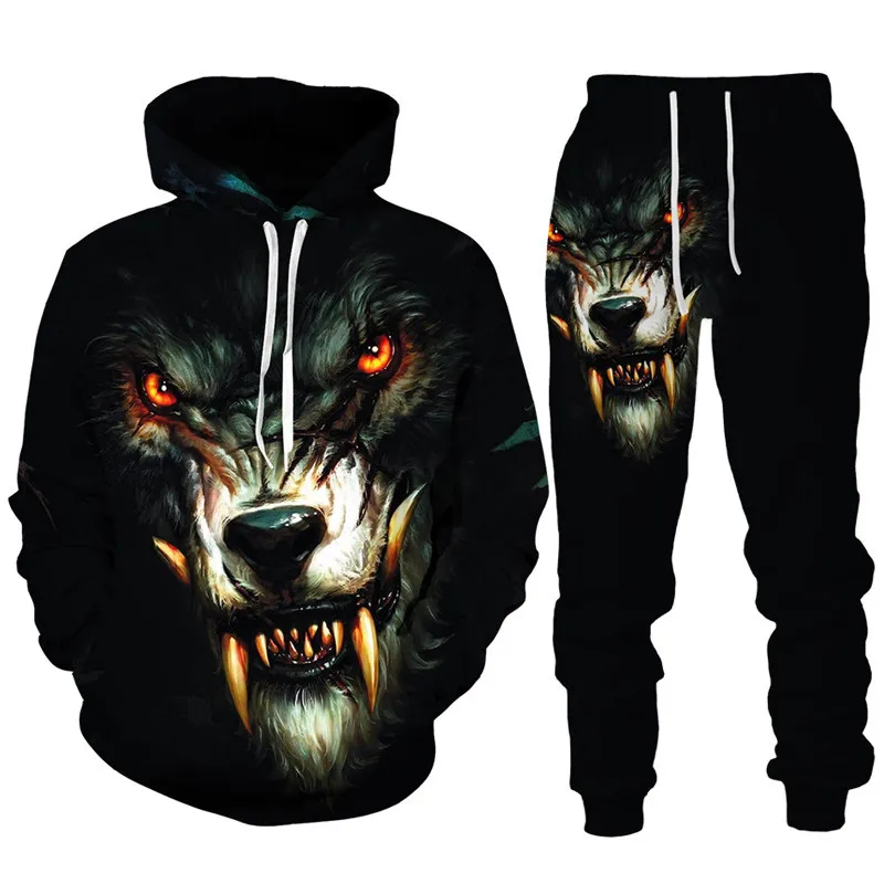 Homens e mulheres 3D Dazzle Wolf Print conjunto de treino, moletom com capuz e calças extragrandes, pulôver casual, streetwear Hip Hop, conjuntos