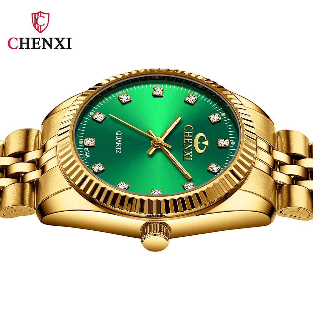 Złote Zegarki na Rękę dla Par CHENXI, Wodoodporne, Świecące, Modne Zegarki dla Par, Pasek ze Stali Nierdzewnej, Zegarki Męskie i Damskie