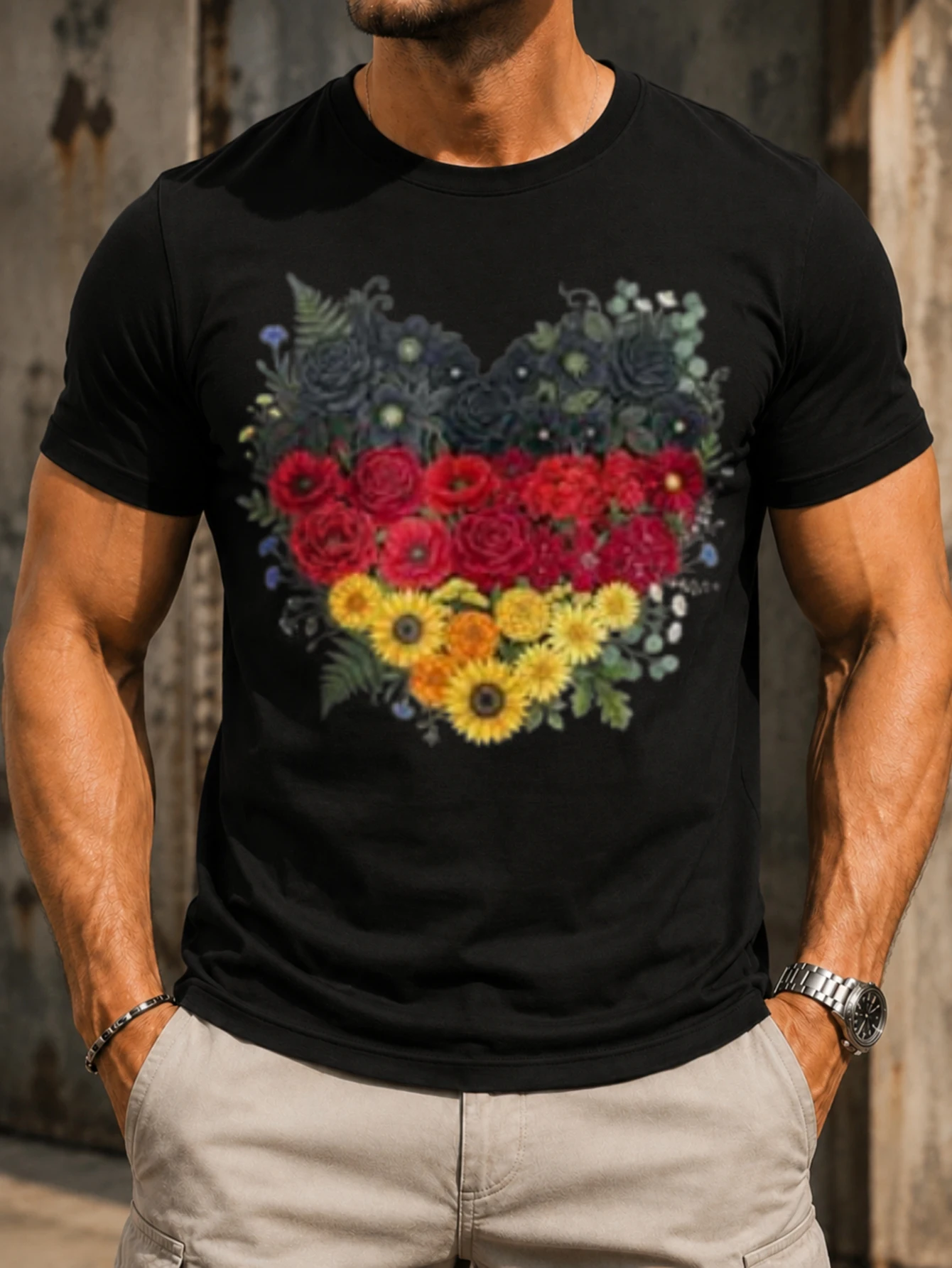 Germany Floral Heart  red yellow  flower arrangement forming a heart with roses sunflowers and dark  Unisex All T-Shirt