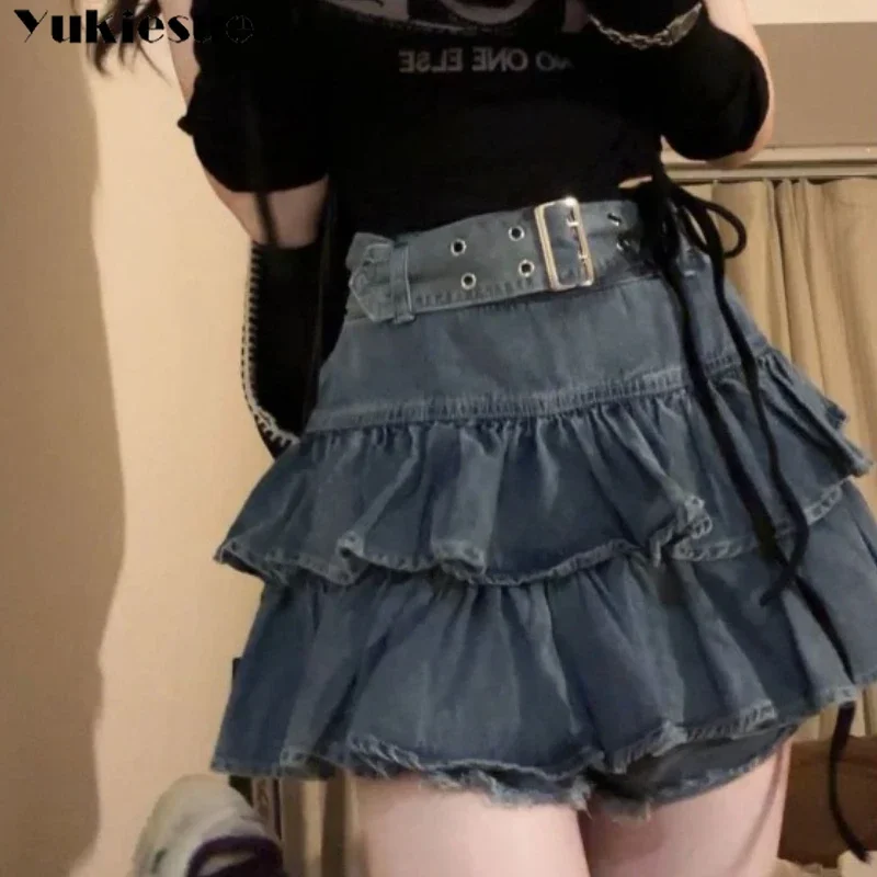 

2023 весна лето INS Spicy Girls новая облегающая джинсовая короткая юбка с высокой талией и тонкими краями с рюшами для женщин