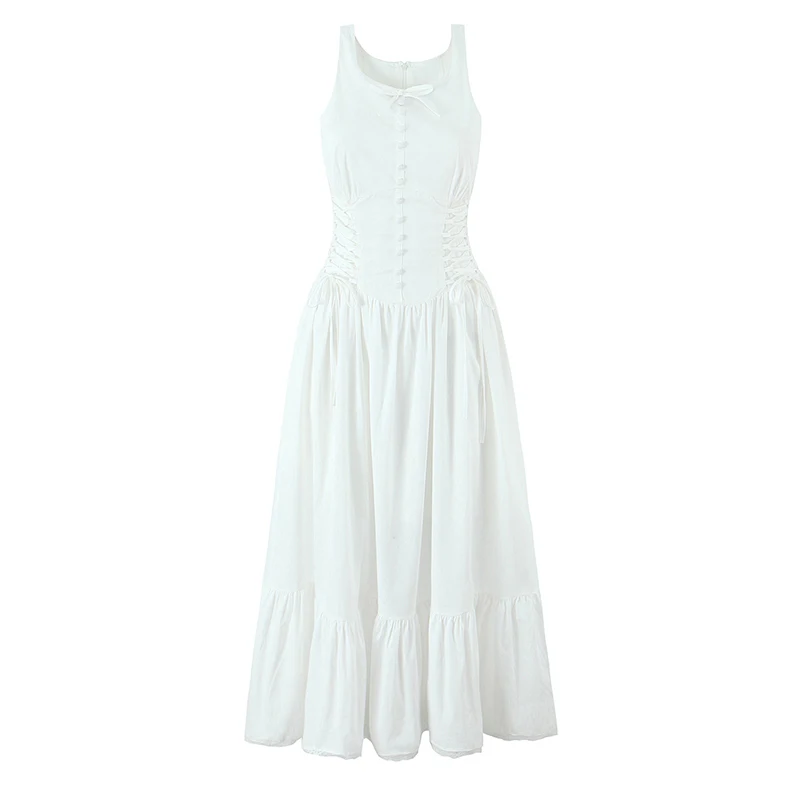 YENKYE Bohemian Style Bow O Neck White Midi Dress Women Front Lace Up Bandage Sleeveless Casual Summer Dresses Holiday Robe