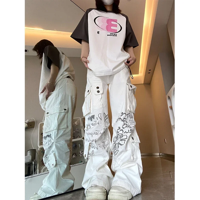 MEXZT Y2K 2000S Cargo Jeans Women Harajuku Vintage Print Wide Leg Denim Pants Streetwear Hip Hop White Baggy Straight Trousers