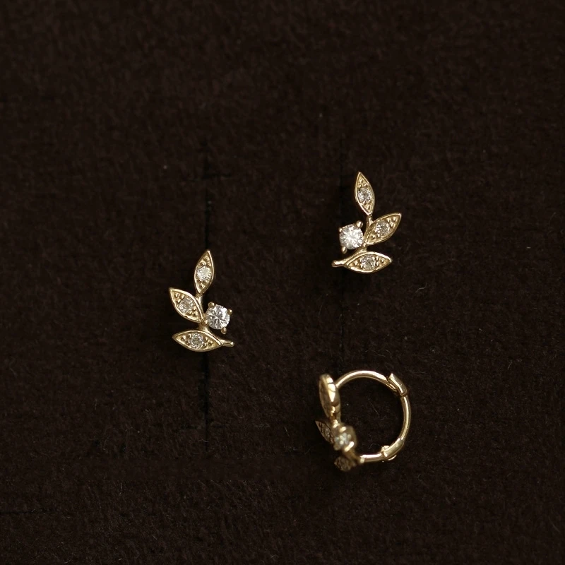 GOLDtutu Custom Leaf Earring, Pure 9K Gold, Small Zircon Drill, Student Branch Earring, Female, kj224