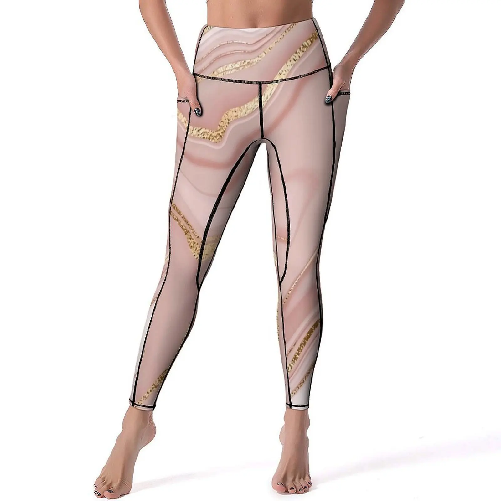 Retro Rose Gold Marble Print Leggings With Pockets  Pattern Yoga Pants Push Up Gym Yoga Legging Kawaii Quick-Dry Sport Pants