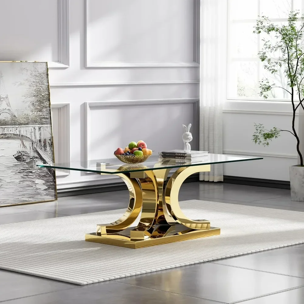 Glass Coffee Table with Gold 4C Stainless Steel Metal Leg, Rectangular Clear Tempered Glass Center Stainless Steel Tea Table