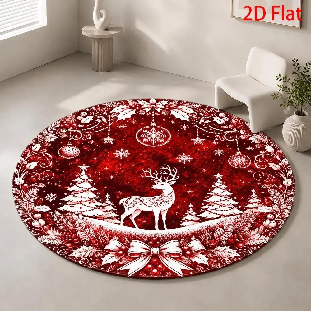 Christmas Circular Area Rug Golden Bell Bow Christmas Ornament Print Soft Floor Mat Holiday Home Decoration Gift Option