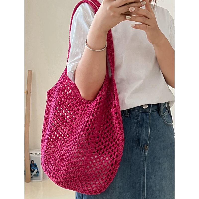 1pc Big Capacity Knitting Shoulder Bag Tote Handbag Summer Mesh Beach Bag Fashion Women's Hollow Woven Shoulder Bags 3