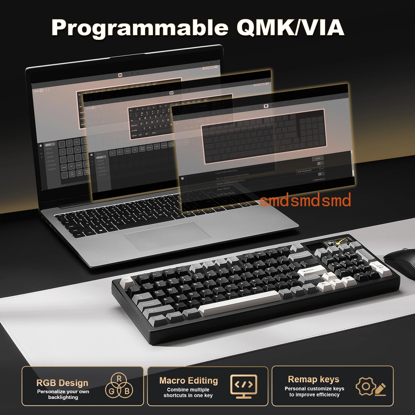 IF99 Black Mechanical Gaming Keyboard, QMK/VIA Custom Smart LCD Display Wireless Gasket Hot Swap RGB Keyboard for Mac/Win