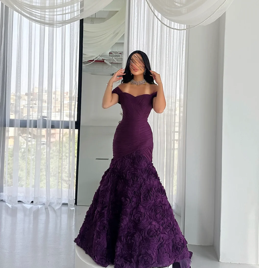 Vestido de noche morado Sexy, vestido de fiesta de sirena con hombros descubiertos, con cordones/cierre en la espalda, vestido de fiesta de flores hecho a mano de alta calidad