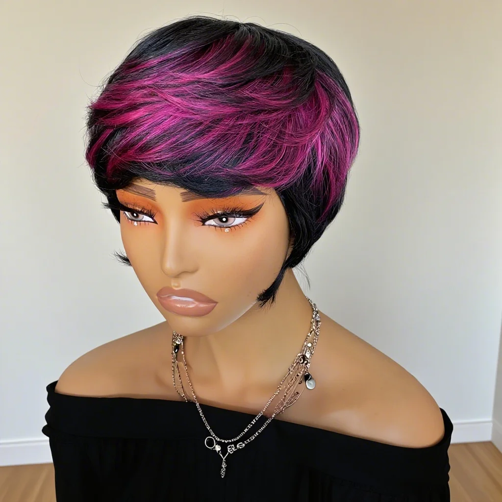 شعر مستعار بشري بقص بيكسي للنساء 1B/أرجواني قصير مستقيم بنمط كامل مصنوع آليًا مثاليًا للنساء #4