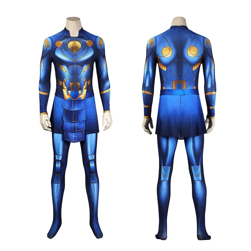 Adult men superhero Ikaris cosplay costume Ikaris blue jumpsuit with belt Halloween Zentai suit